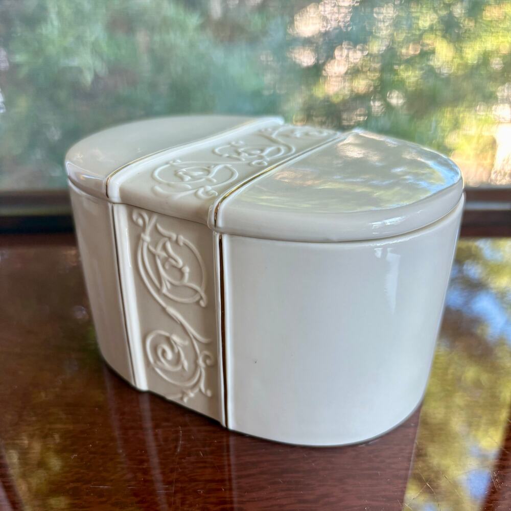 Vintage Croscill White Ceramic Trinket Box Oval with Gold Trim Scrolls